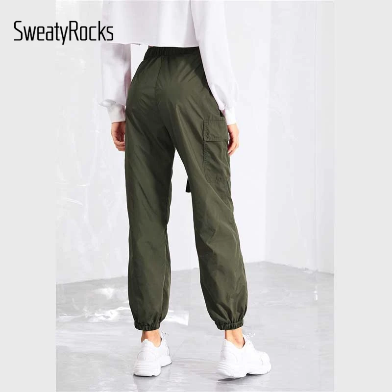 SweatyRocks армейские зеленые повседневные штаны с карманами и боковой шнуровкой на талии, зауженные брюки с эластичной талией, осенние женские повседневные штаны