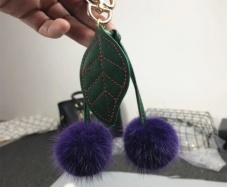 purple Импортный натуральный мех норки Вишневый брелок красный синий розовый белый натуральный мех норки pom Сумочка Подвеска плюшевые меховые украшения - Цвет: purple