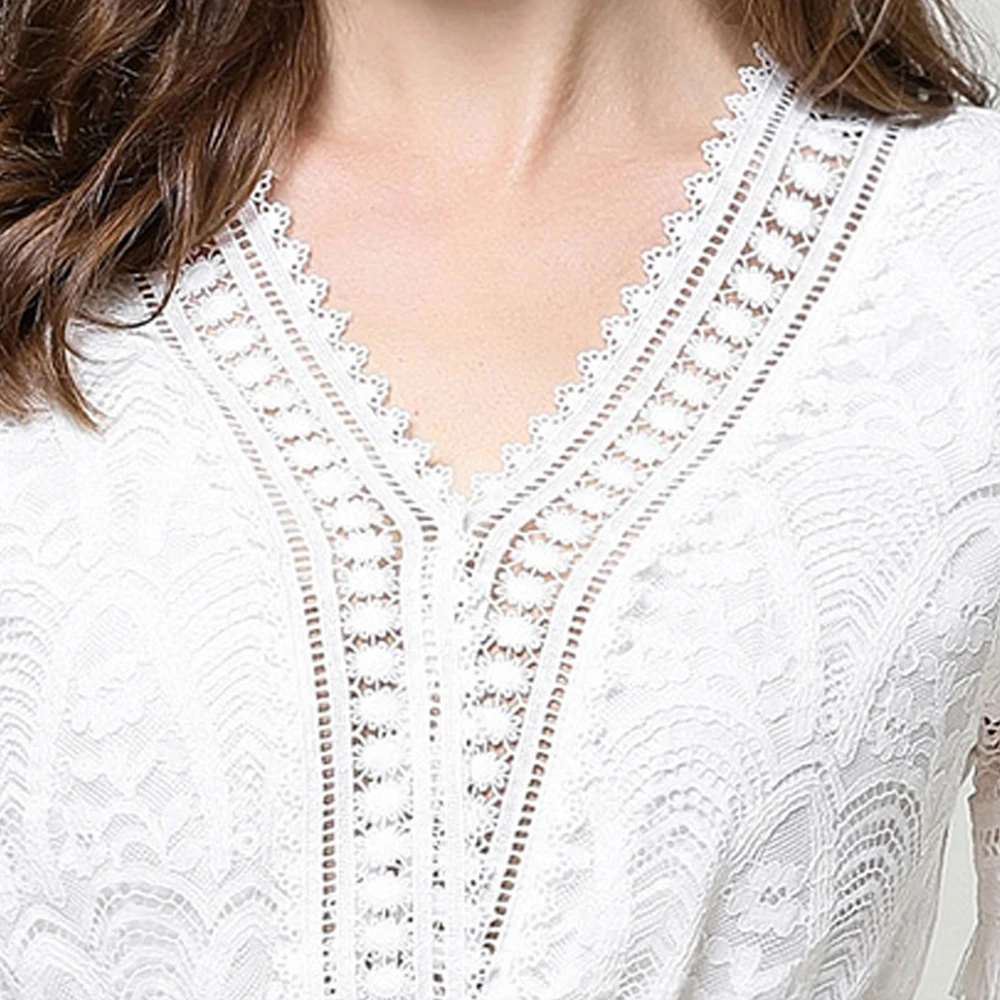 Однотонное Белое Женское кружевное платье с V-образным вырезом повседневные