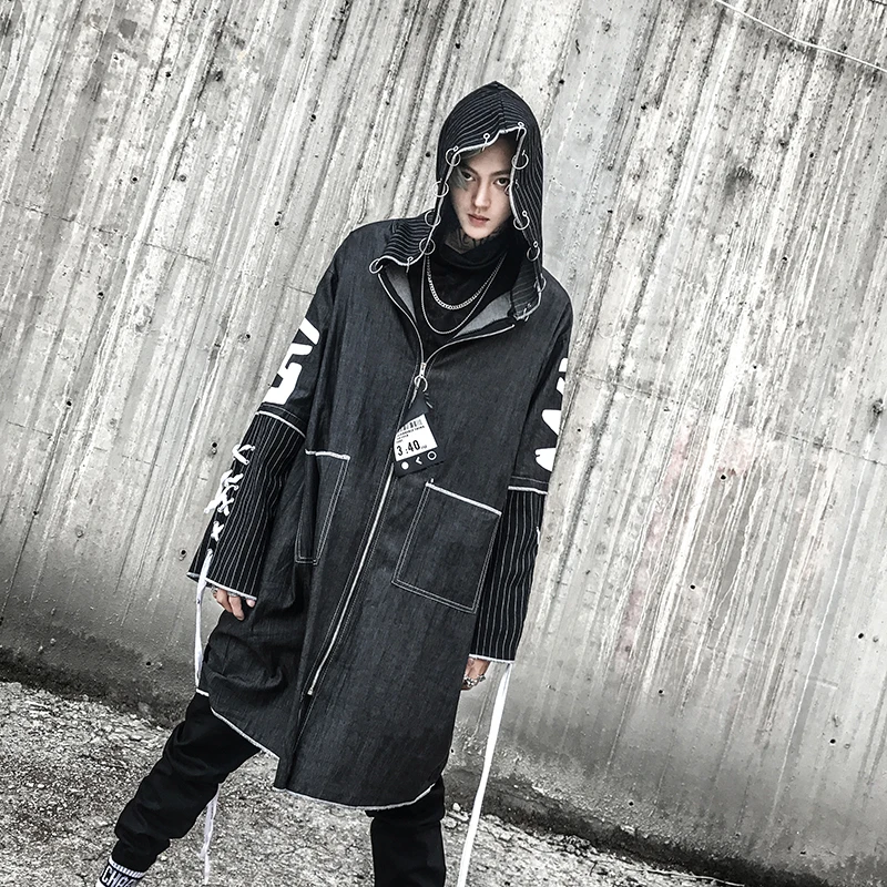 Мужская джинсовая куртка с капюшоном в стиле хип хоп|hooded trench|trench coatmens overcoat |