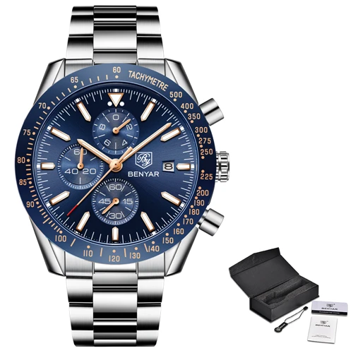 Steel gold blue B Relojes часы для мужчин BENYAR лучший бренд класса люкс Бизнес водонепроницаемые часы модные спортивные кварцевые часы для мужчин s часы Relogio Masculino - Цвет: Steel gold blue B