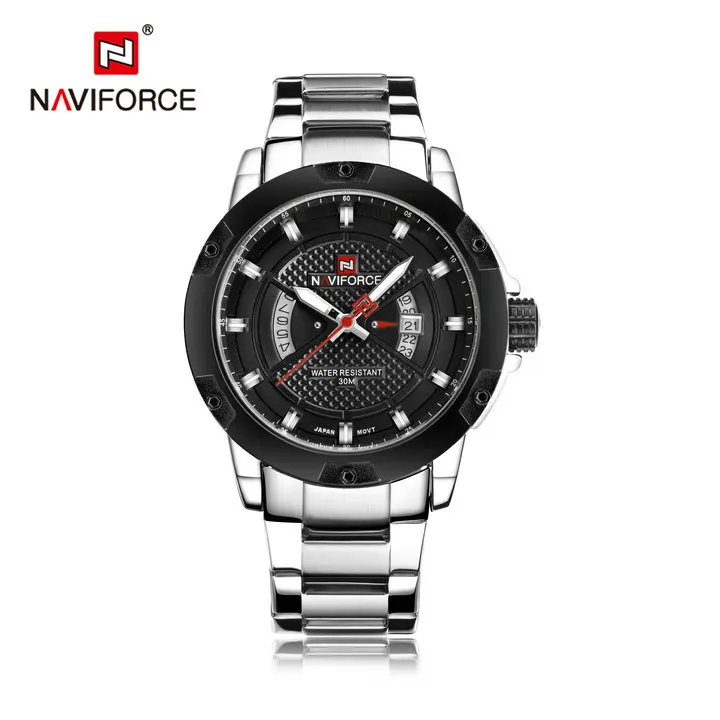 SILVER BLACK NAVIFORCE Роскошные брендовые Модные мужские золотые часы кварцевые часы с датой недели полностью из нержавеющей стали водонепроницаемые военные наручные часы - Цвет: SILVER BLACK