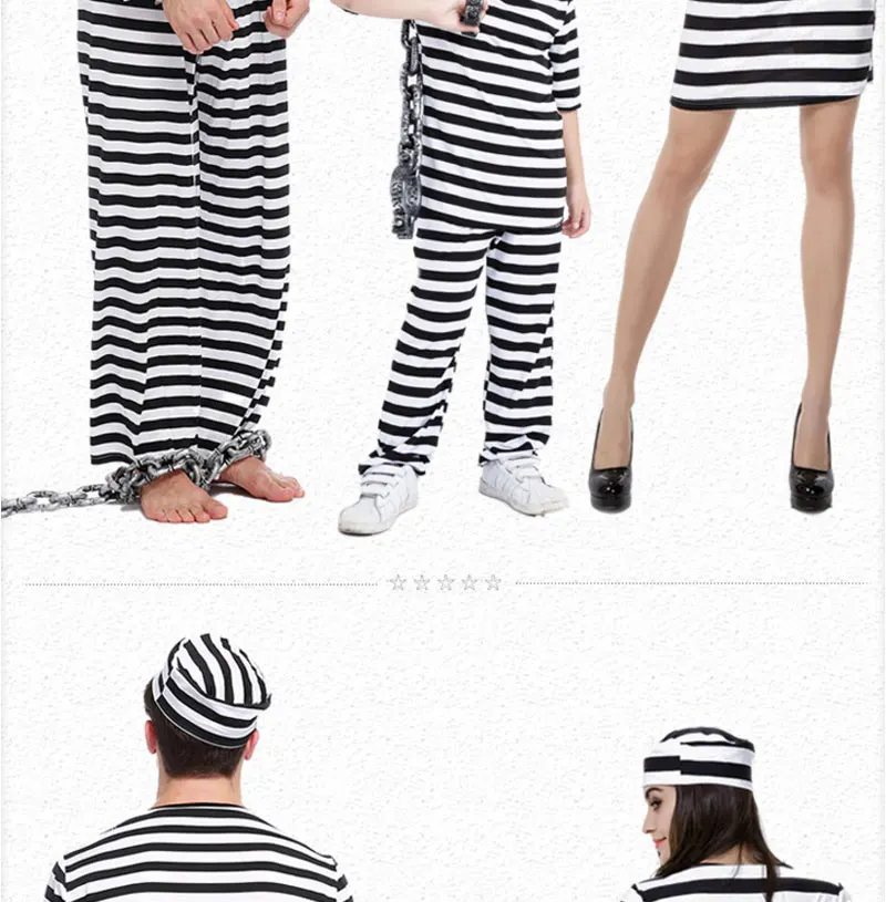 Umorden для женщин мужчин детей страшный зомби заключенный Jailbird костюм черный белый полосатый Хэллоуин Пурим костюмы нарядное платье