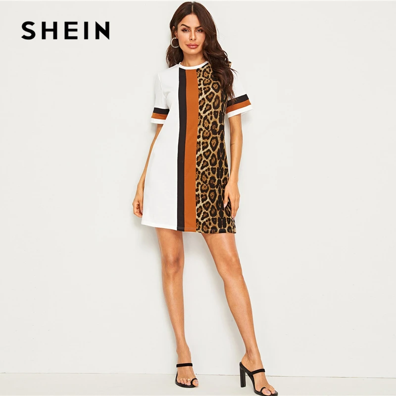 SHEIN летнее платье-туника с цветными блоками и леопардовым принтом, женское платье с коротким рукавом и круглым вырезом,, прямые свободные Короткие повседневные платья