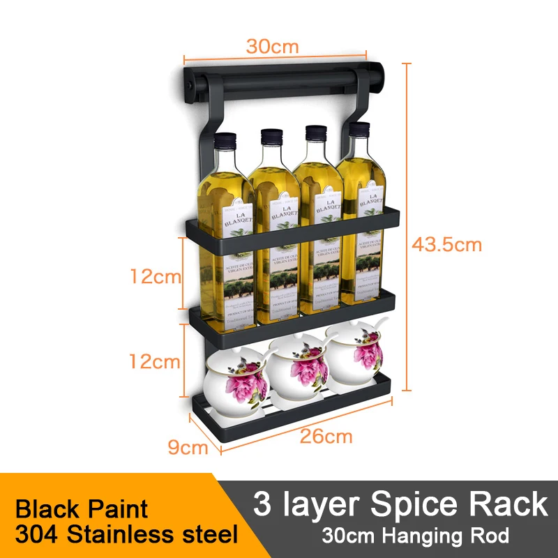 3 layer Spice Rack Черный кухонный стеллаж из нержавеющей стали, настенный кухонный органайзер, держатель, Складная Сушилка, миска, сушилка для посуды, полка для хранения ногтей - Цвет: 3 layer Spice Rack