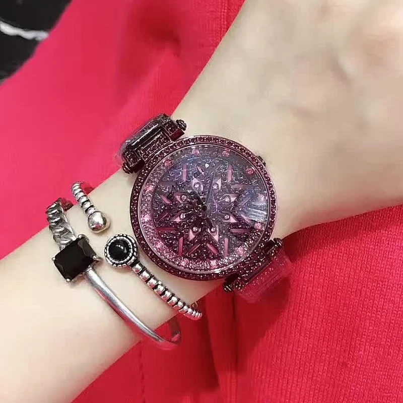 Модные женские часы с алмазным вращающимся циферблатом повседневные фиолетовые