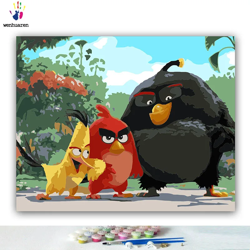 DIY цветные картинки по номерам с цветами Angry bird Мультфильм иллюстрация Картина Рисунок по номерам Обрамленный дом - Цвет: 21029