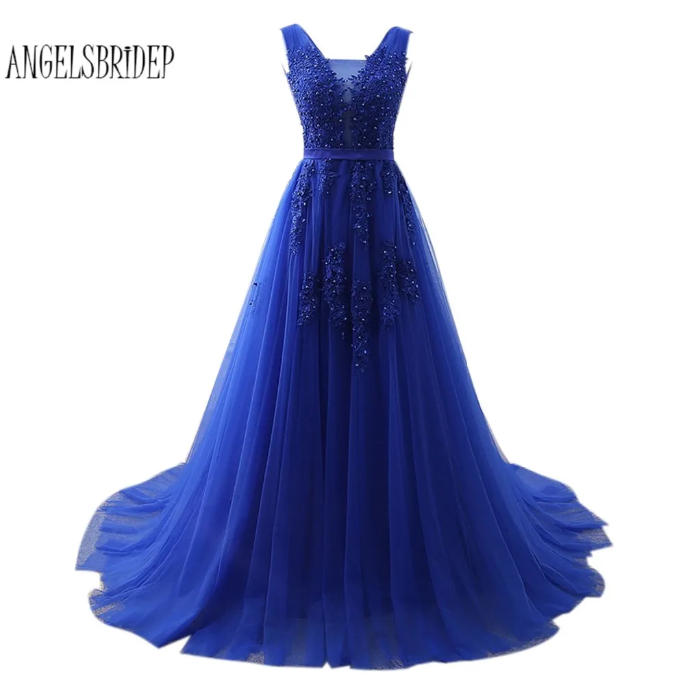 Винтажное вечернее платье ANGELSBRIDEP 2018 длинное кружевное трапеция с V образным