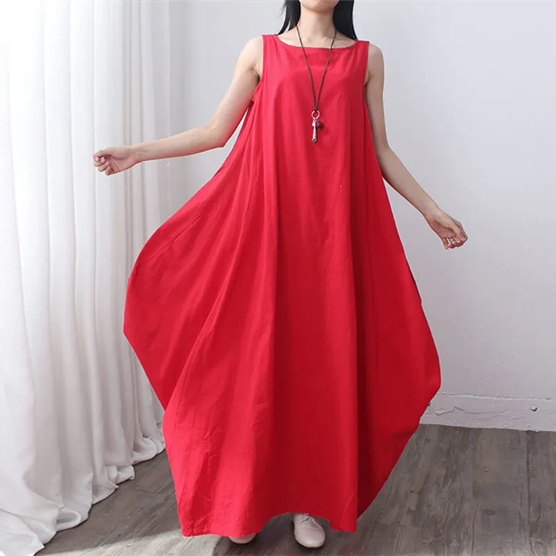 BUYKUD 2019 New Vintage Plus Size Solid Color Sleeveless Linen Irregular Big Pockets Women Dresses O-neck Casual Dress Summer | Женская