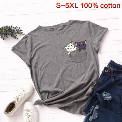 dark gray SINGRAIN/женская футболка с милым рисунком котенка из мультфильма, модные топы с карманом и котом из хлопка, большие размеры, футболка с принтом животных kawaii, Новинка - Цвет: dark gray