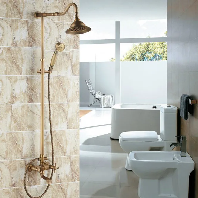 

Luxury Bathroom Rain Shower Faucet Set Antique Brass Handheld Shower Head Two Cross Handles Bathtub Mixer Tap ars001