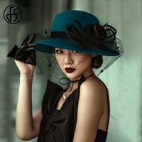 fs vintage wool wide brim felt hats women fascinators bow veil fedoras hat big flower blue black bowler cap winter cloche hat