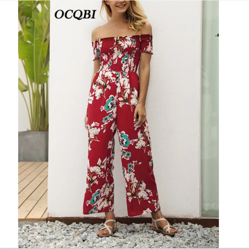 

Fashion Print Casual Jumpsuits Plus Size 2019 Long Off Shoulder Loose Black Boot Cut Women Summer Jumpsuits