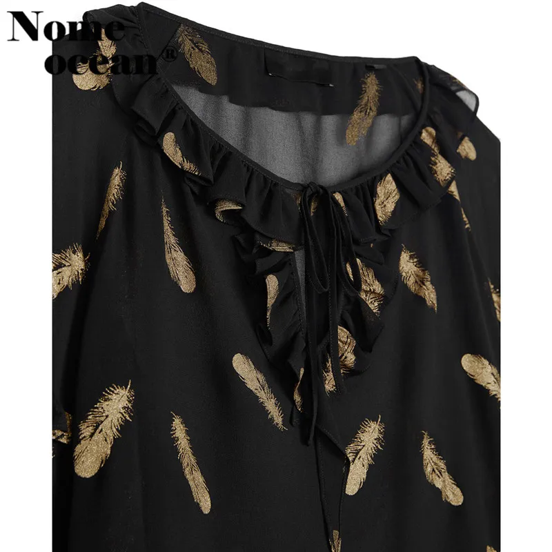 GOLDEN FEATHERS TOP Drawstring Lace-up Bow Collar Women Shirts 2017 Autumn Long Sleeve Blouses Gold Feather Print Top M17112401 |