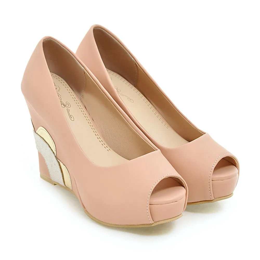 

Smeeroon 2020 top quality pu women pumps sweet peep toe summer shoes shallow elegant wedding platform shoes wedges shoes woman
