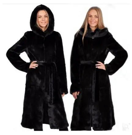 New S/7Xl Womens Large Size Black Hooded Fake Fur Jackets Long Section Man-Made Fur Outwears Female Casual Fur Overcoats K834
