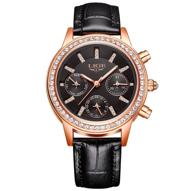 black Relogio feminino, женские часы LIGE, роскошный бренд, для девушек, кварцевые часы, на каждый день, кожа, женское платье, часы, женские часы, Montre Femme - Цвет: black