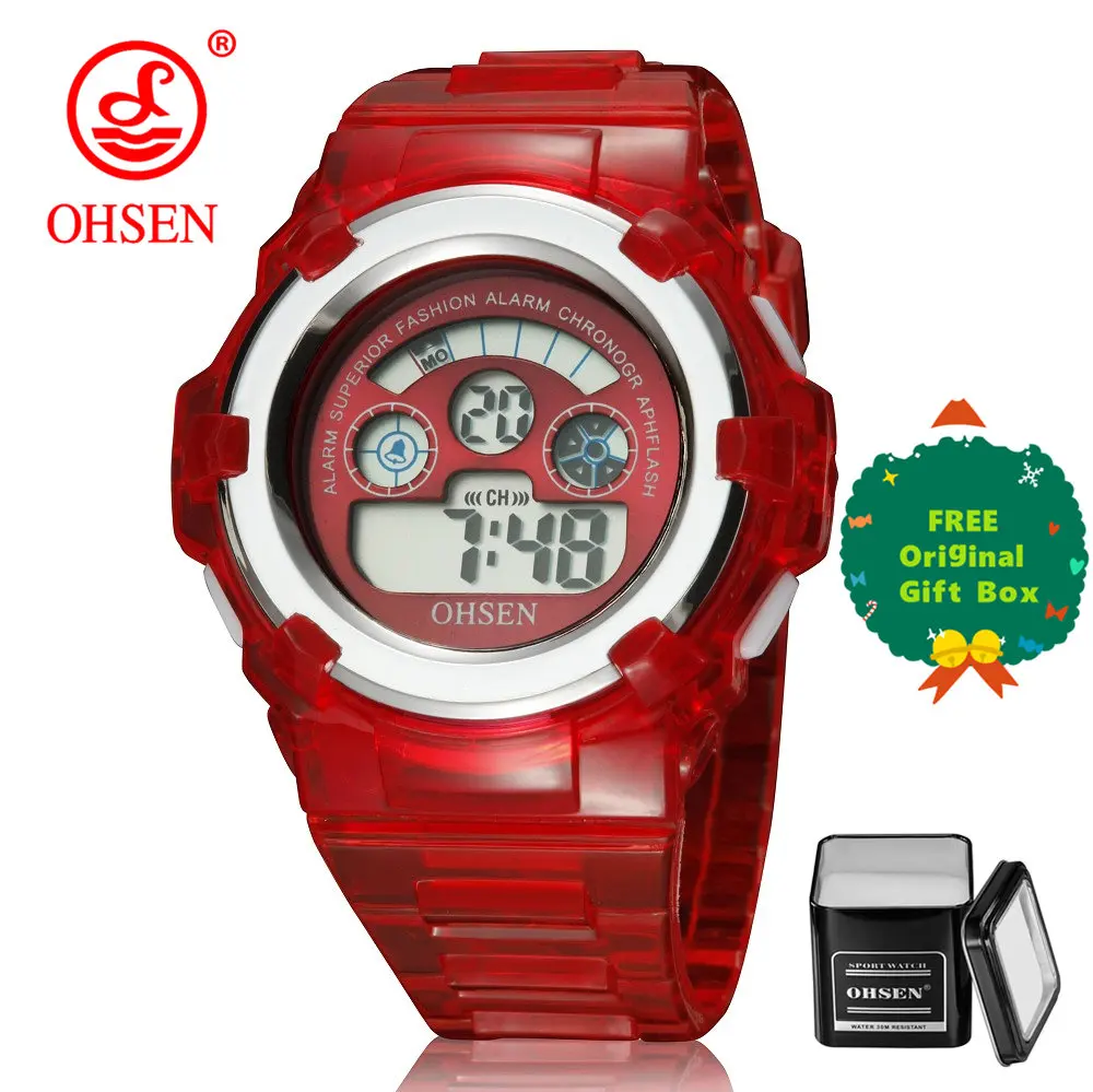 Red and gift box OHSEN Топ студенческие цифровые часы спортивные часы для мальчика и девочки часы 30 м водонепроницаемые светодиодные электронные детские спортивные часы детские часы наручные часы подарок - Цвет: Red and gift box