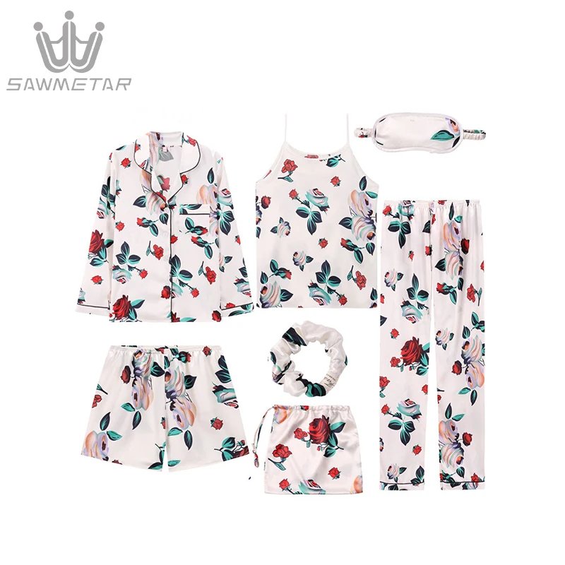 Women's 7 Pieces Pajamas Sets Emulation Silk Pijama Striped Pyjamas Women Long Sleeve Sleepwear Spring Summer Autumn Homewear