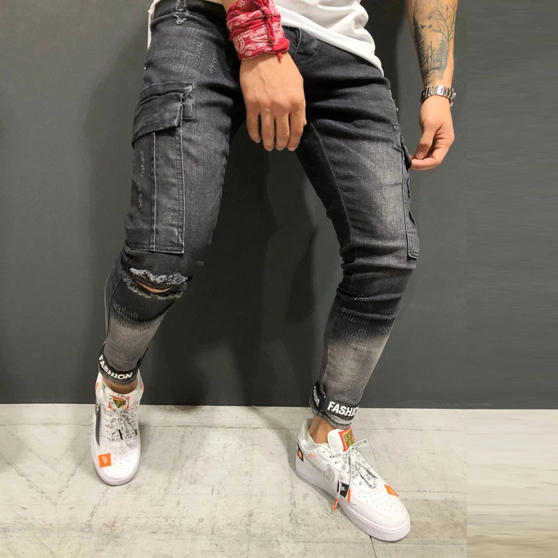 Мужские черные уничтожены моды группы лодыжки Slim Fit Denim уличная рваные джинсы с
