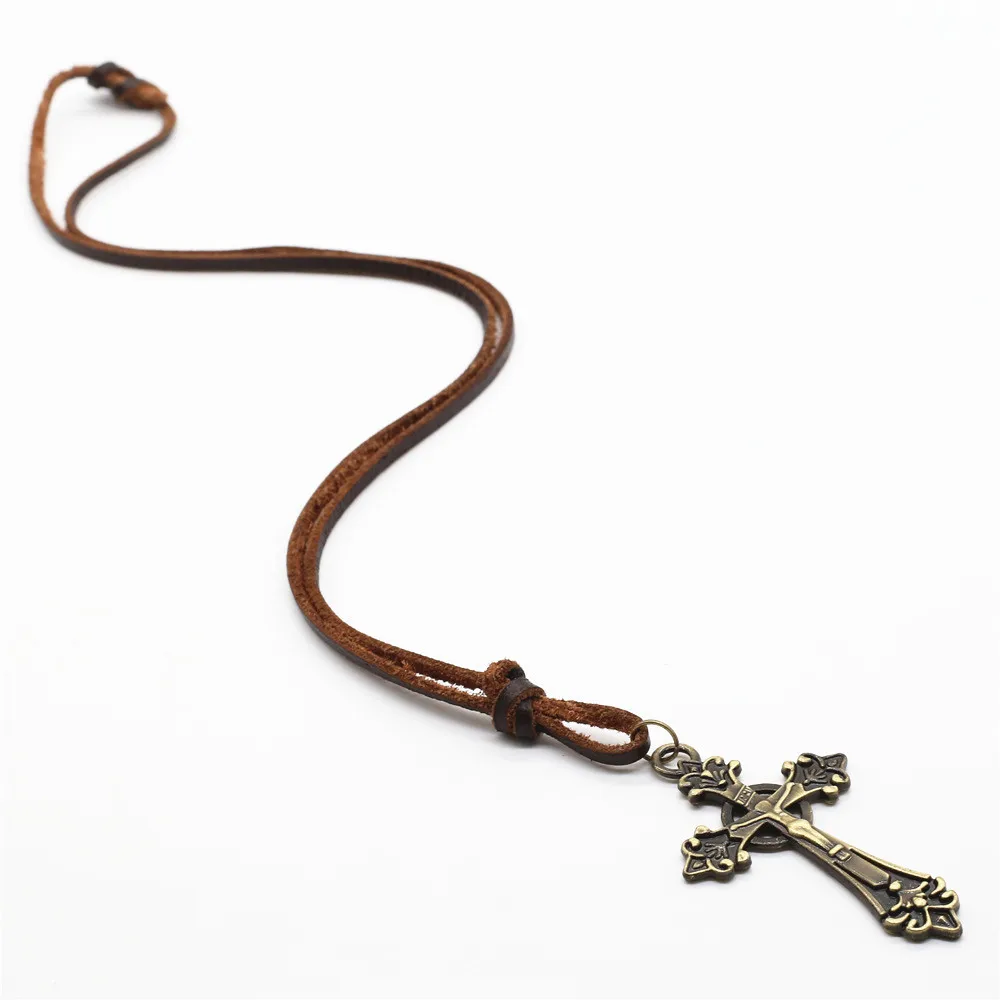 Винтажное коричневое ожерелье ручной работы из натуральной воловьей кожи на