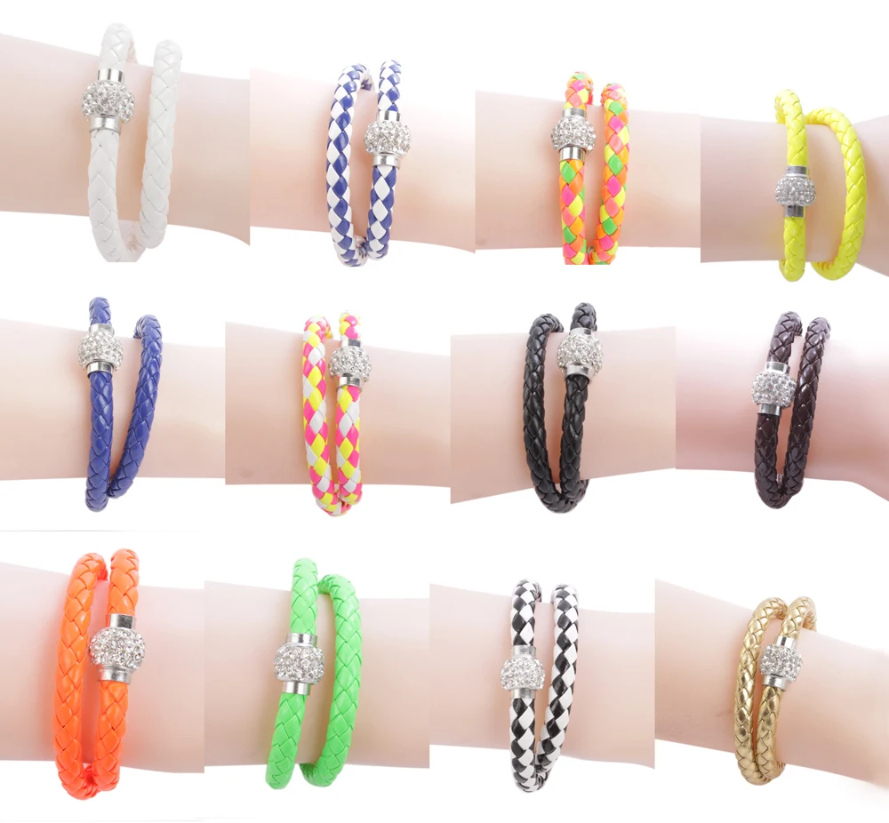 6 шт. стильный кожаный магнит горного хрусталя застежка Двойные Браслеты|bracelet