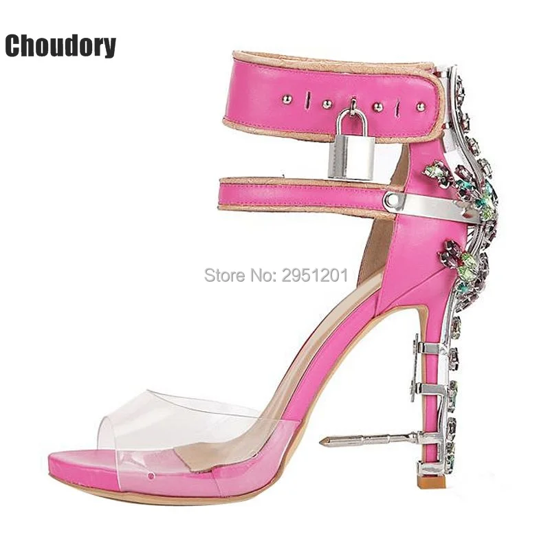 Сандалии женские на высоком каблуке роскошные босоножки со стразами и замком