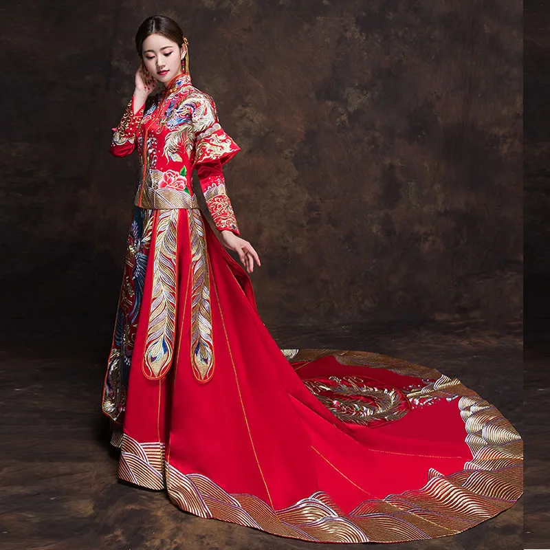 2018 свадебное платье невесты с красным цветком Qipao в национальном китайском стиле