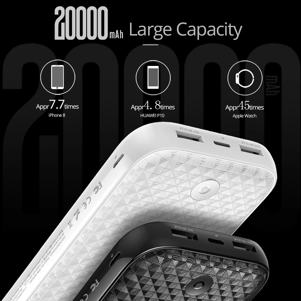 ROCK power Bank 20000 mAh Внешняя батарея с двойным usb выходом для iPhone 8 7 6 портативное