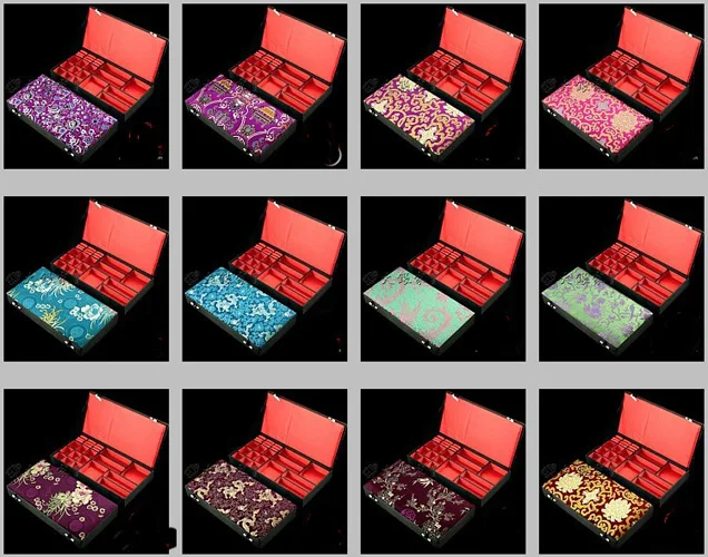 High End Multi Slot Grid Fabric Storage Box Wood Silk Brocade Multiple Ring Earrings Bracelet Pendant Necklace Collection Case