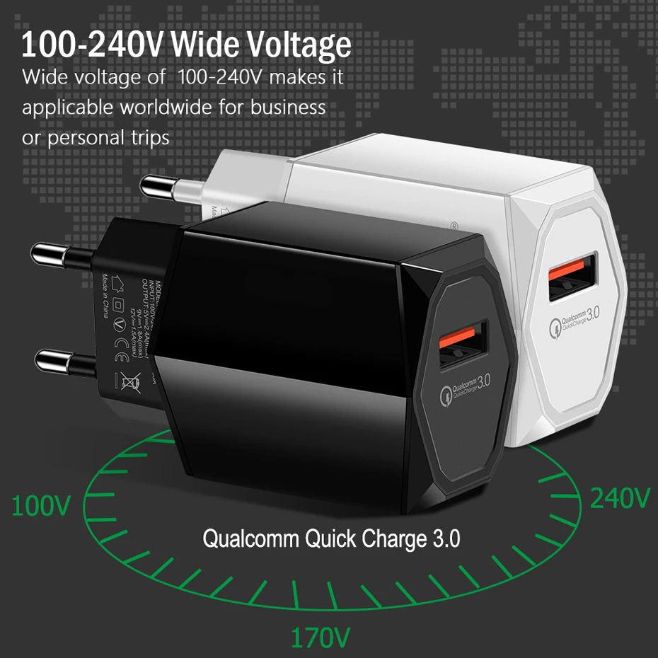 QC3.0 Fast Charger Adapter for iPhone Xiaomi Samsung Quick EU Chargers Battery Power Supply with Type-c Micro USB Charging Cable