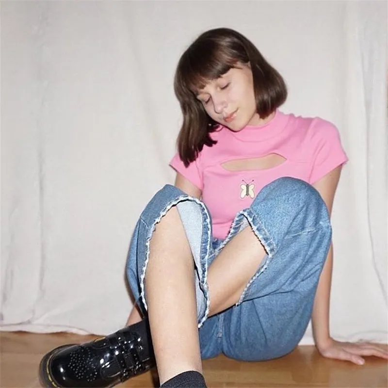 Kawaii cute chic sweet girl cropped pink butterfly embroidery hollow out crop tops short tshirt women | Женская одежда