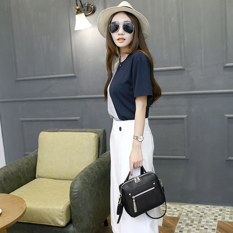 Новинка 2019 модные однотонные женские Сумки из искусственной кожи с кисточками