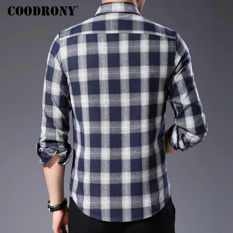 COODRONY, мужская рубашка, осенняя, мягкая, хлопковая, с длинным рукавом, рубашка для мужчин, уличная мода, в клетку, повседневные рубашки, с карманом, Camisa Masculina 96058