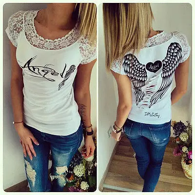 2015 New spring summer T-shirts women unique angel wings back printing short sleeve loose tshirt ladies lager size t shirt | Женская