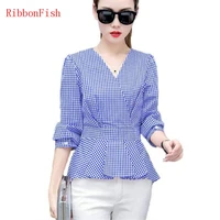 fashion women tops summer slim clothes office wear plaid shirt chiffon blouses brand design blue madam fit model casual dd1378