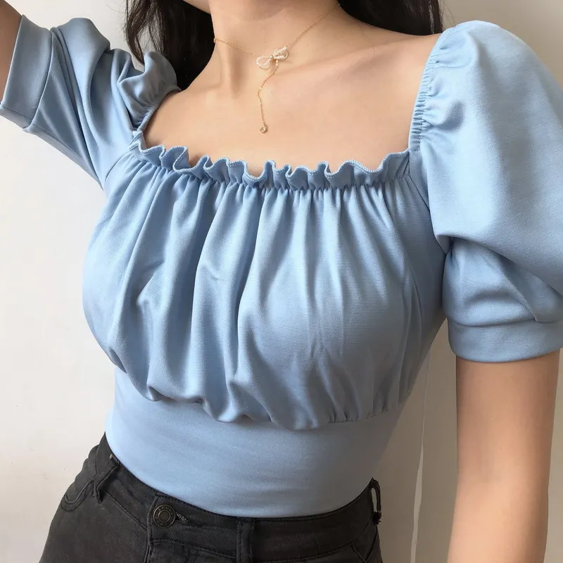 Neploe Palace Style Drawstring Women Shirts New Square Collar Puff Sleeve Blusa Sexy Backless Slim Fit Ladies Tops 45070