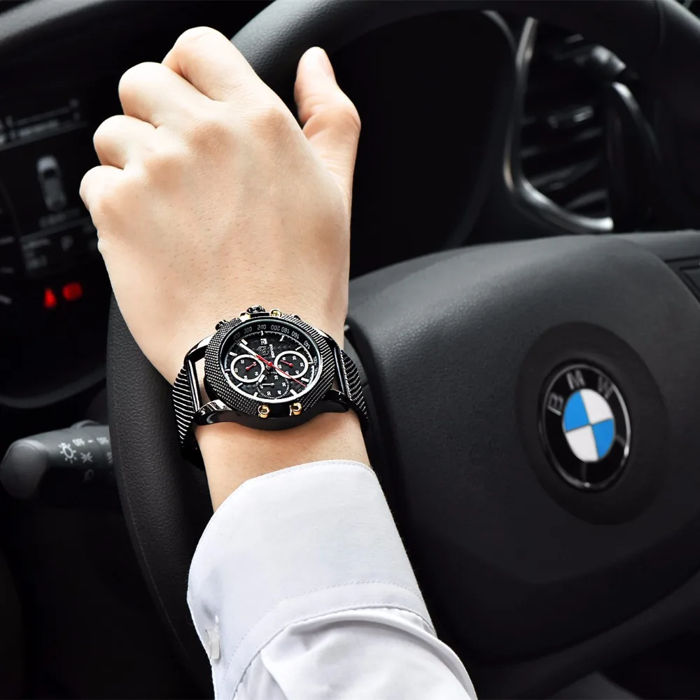 Роскошные Брендовые мужские кварцевые часы Benyar со стальной сеткой спортивные