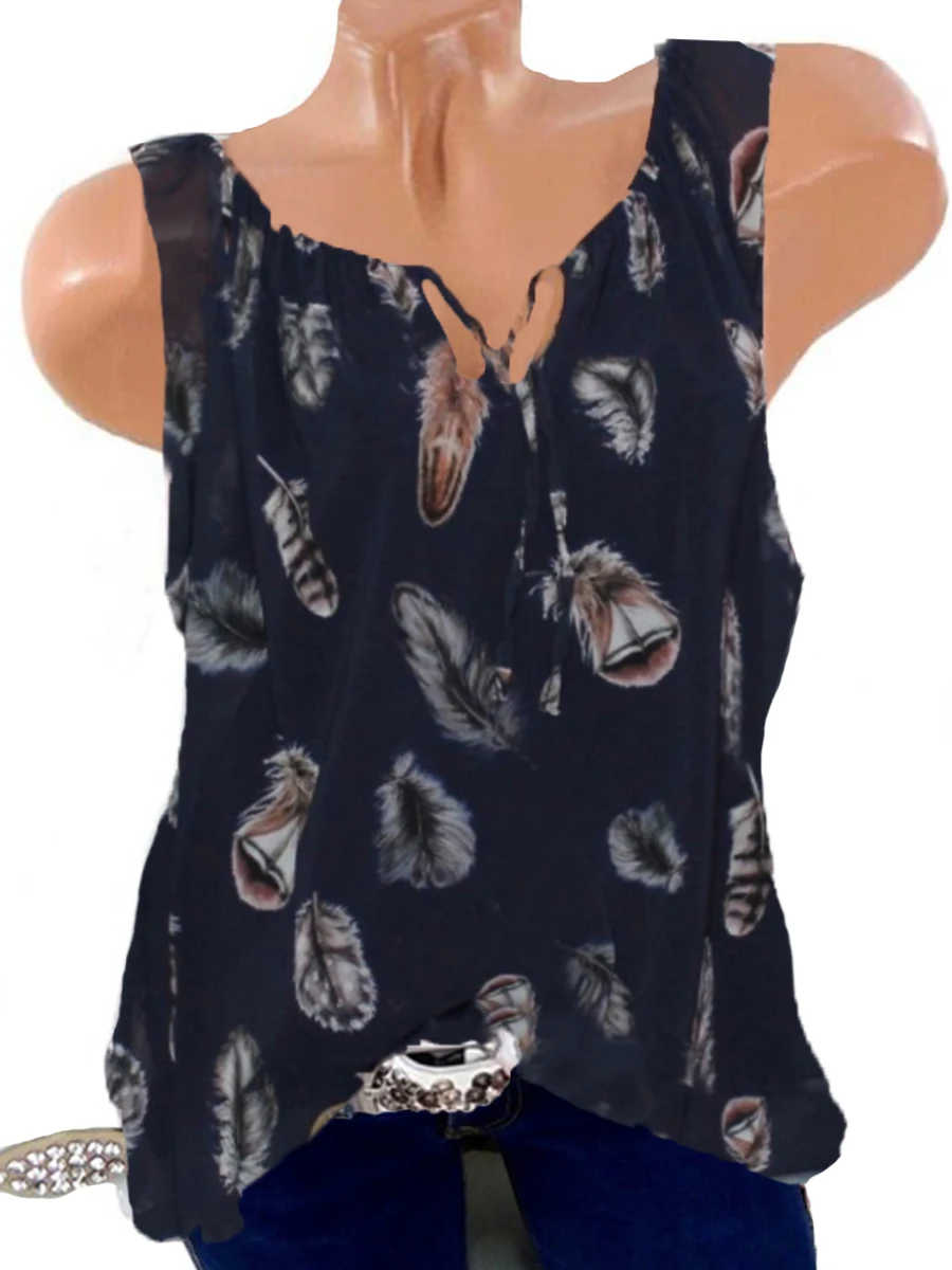 Блузка женская с принтом перьев Свободный Топ без рукавов V образным вырезом