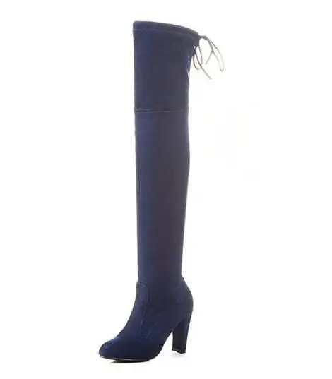 Синий Rumbidzo стрейч из искусственной замши сапоги до бедра пикантные модные ботфорты женская обувь на высоком каблуке Черные, серые, цвета красного вина - Цвет: Синий