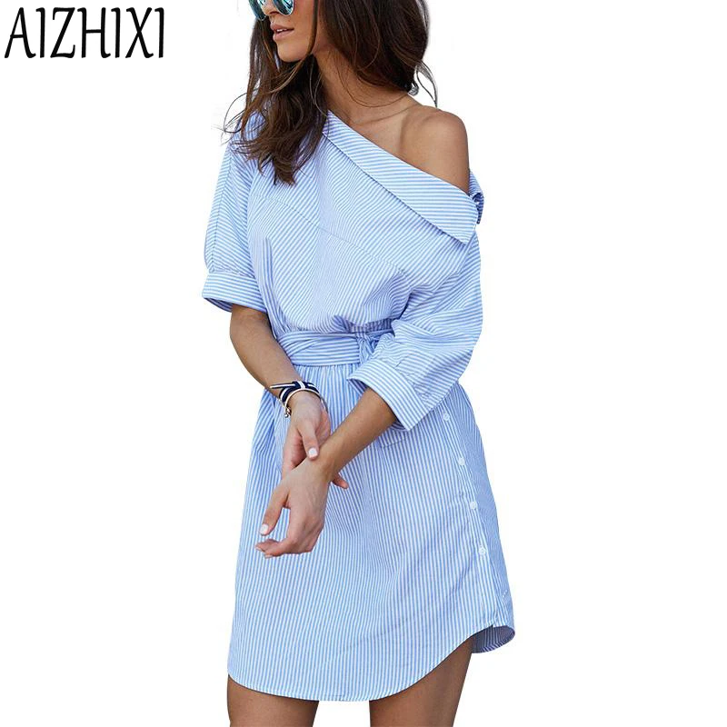 AIZHIXI Лето 2018 г. для женщин Мода повседневное одно плечо платье в полоску