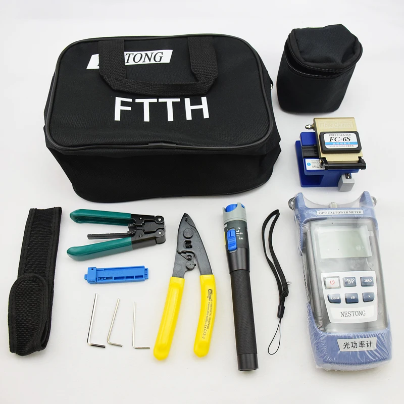 Optische Power Meter Glasvezel Ftth Tool Kit Met FC-6S Cleaver Optische Power Meter Visuele Finder Locator Draad Stripper