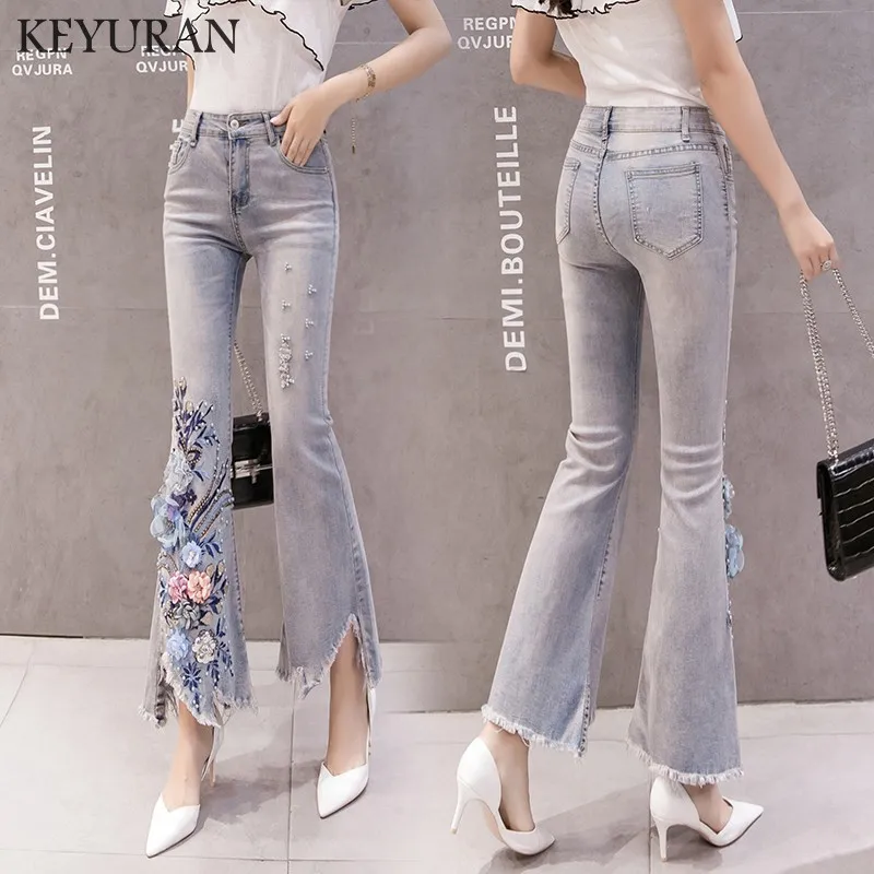 Винтажная бусина отверстие вышивка заусенцев расклешенные джинсы 2019 новые