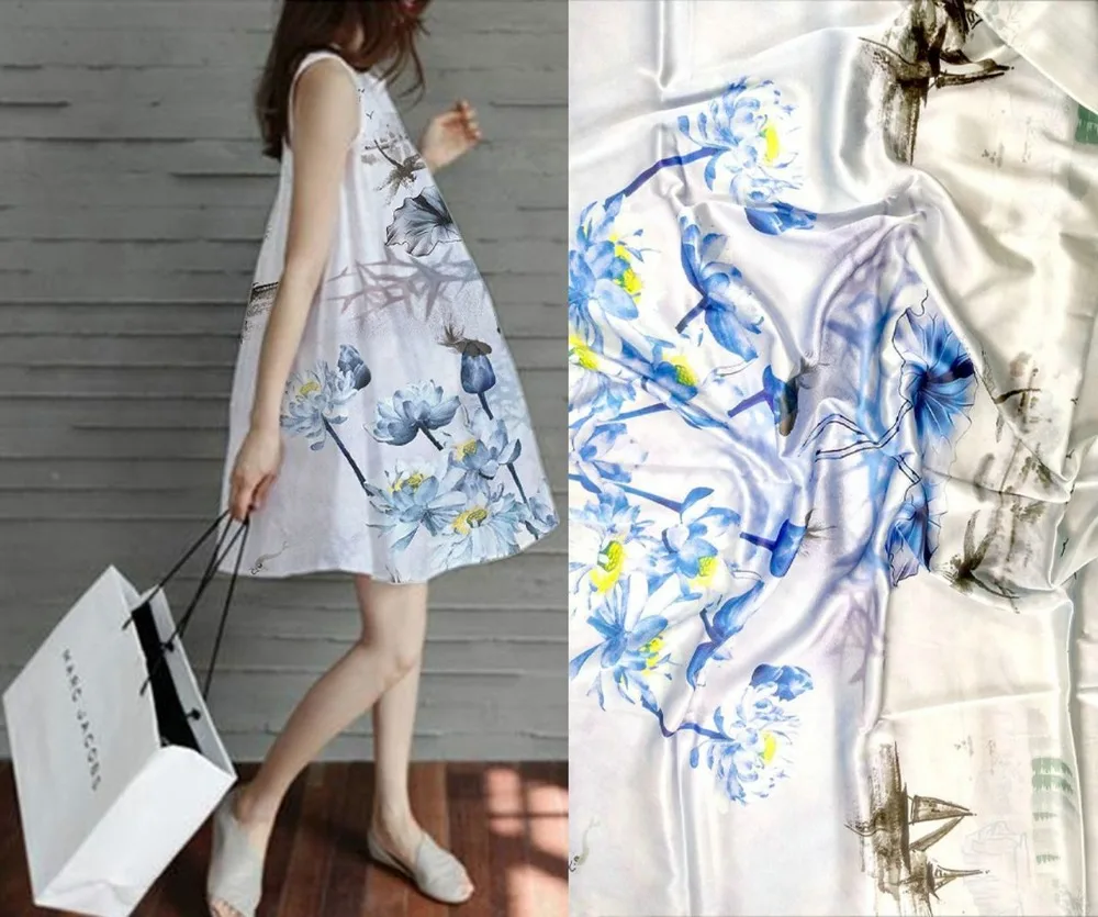 

Telas 97% Silk 3% Spandex Blue/white Flowers Print Silk Satin Fabric For Dress Shirt Cloth Scarf Stretch Fabric For Japan Tissu