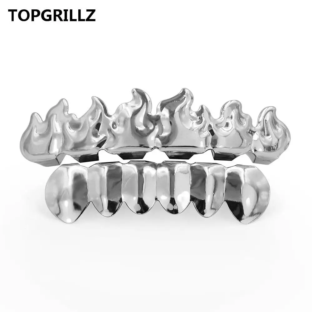 TOPGRILLZ позолоченные хип-хоп ЗУБЫ Grillz пламя лист сверху и снизу гриль набор с силиконовыми вампирскими зубами Рождественский подарок - Окраска металла: Silver set