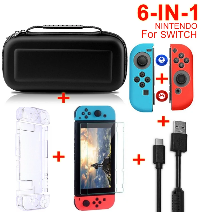 Набор игровых аксессуаров 6 в 1 чехол для Nintendo Switch NS NX прозрачная кристальная