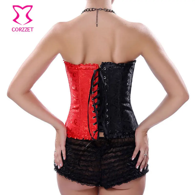 Жаккардовый красно-черный тренировочный корсет в викторианском стиле на молнии