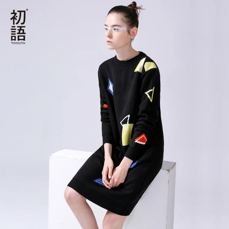 Toyouth 2017 Свитер Dress Женщины Повседневная Хлопок Платья Осень Печатных Вязание О