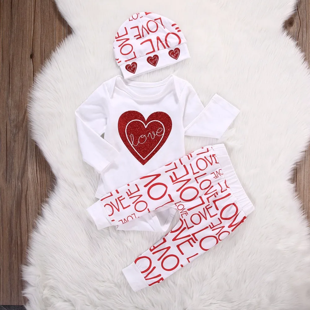 

Newborn Baby Bebe Infant Girl Clothes Long Sleeve Red Heart White Bodysuit Love Pants Hat 3PCS Baby Girls Clothing Sets