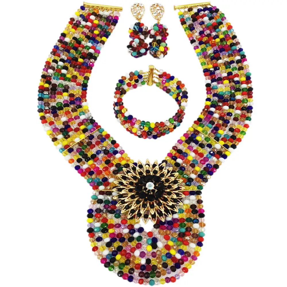 

New Muticolors Crystal Costume Nigerian African Wedding Beads Jewelry Necklaces Set Bridal Beads Sets 8PD10